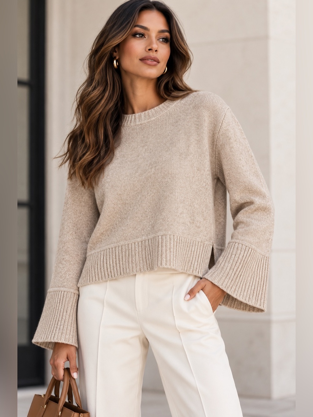 Rachel Zoe Oatmeal Knit Sweater Bell Sleeve Ribbed Cuff Crewneck M